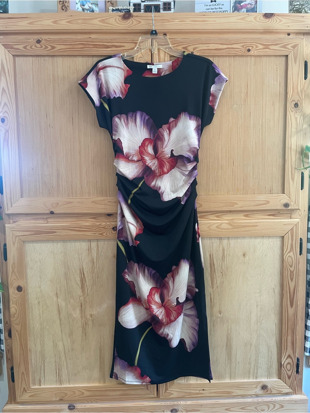 Cato side cinched black floral tropical dress side slit